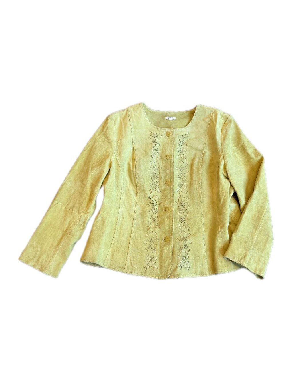 J. Jill Bright Green Leather Jacket Floral Cutout Cropped Collarless Large Women